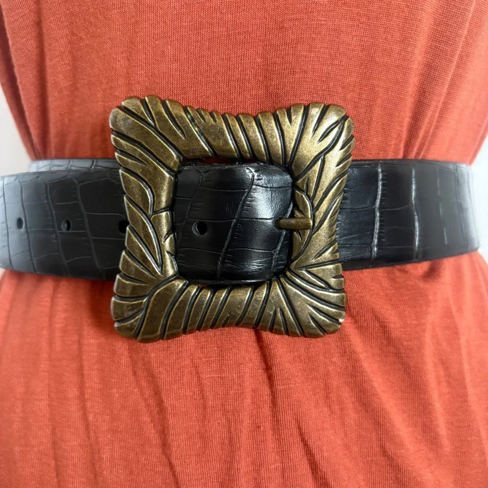 Adrienne Landau Studio Black Croc‎ Embossed Leather Belt Bronze Buckle Size L